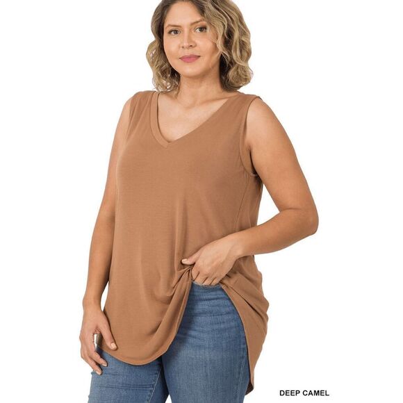 Modal Sleeveless V-Neck - Hi-Low Hem Top - Deep Camel - Picture 1 of 1